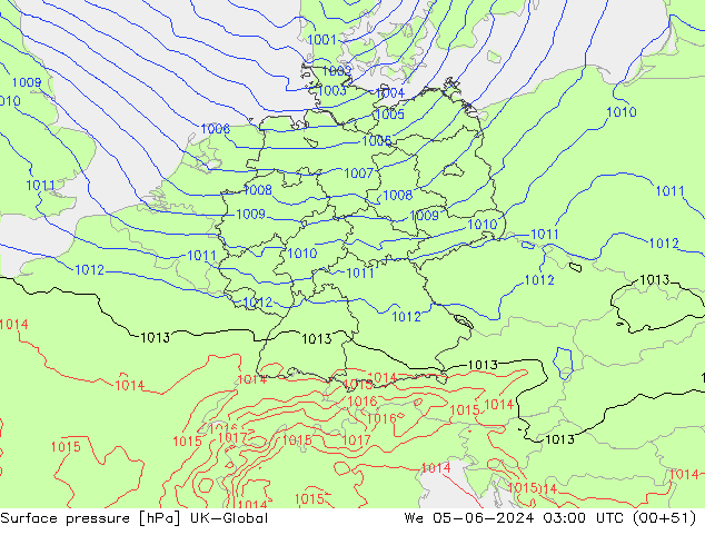 Pressione al suolo UK-Global mer 05.06.2024 03 UTC