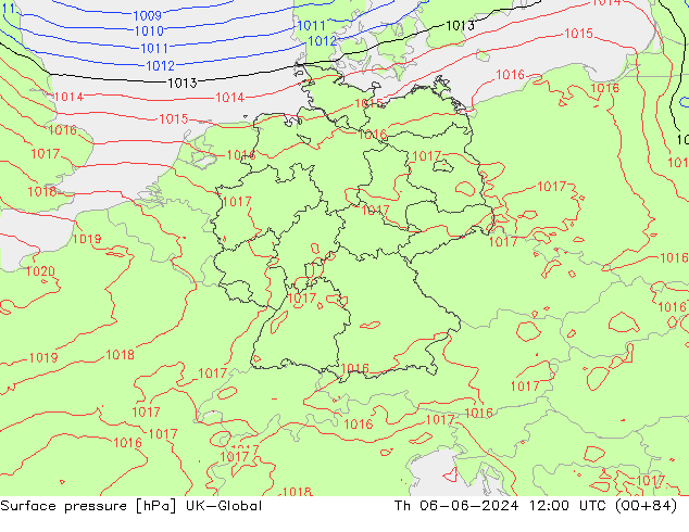 Pressione al suolo UK-Global gio 06.06.2024 12 UTC