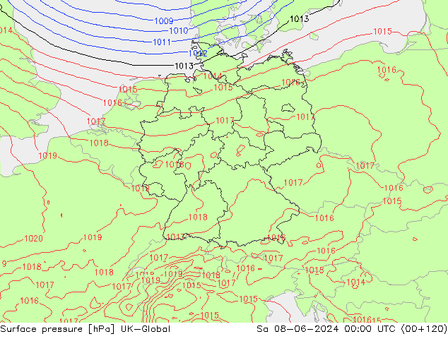 Atmosférický tlak UK-Global So 08.06.2024 00 UTC