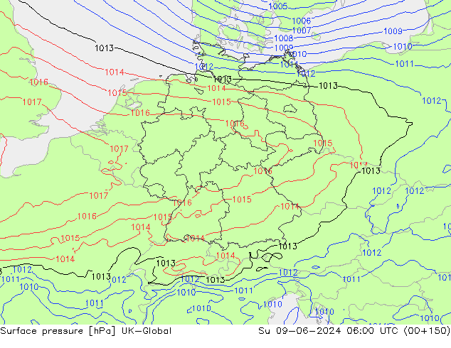 Surface pressure UK-Global Su 09.06.2024 06 UTC