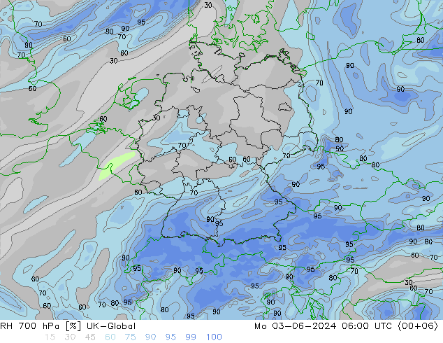 RH 700 hPa UK-Global Mo 03.06.2024 06 UTC