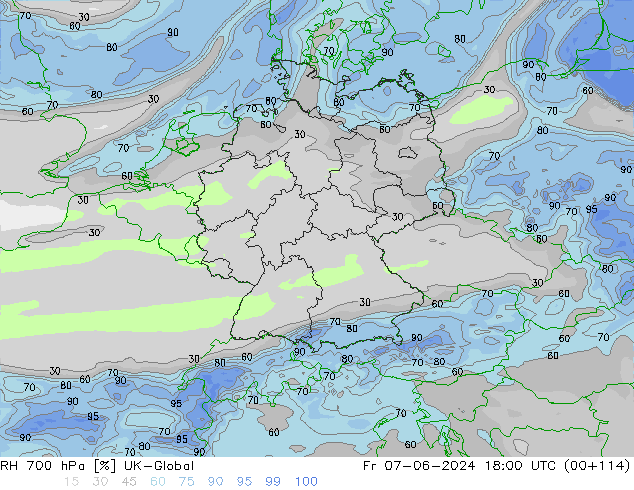 RH 700 гПа UK-Global пт 07.06.2024 18 UTC