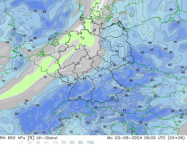 Humedad rel. 850hPa UK-Global lun 03.06.2024 06 UTC