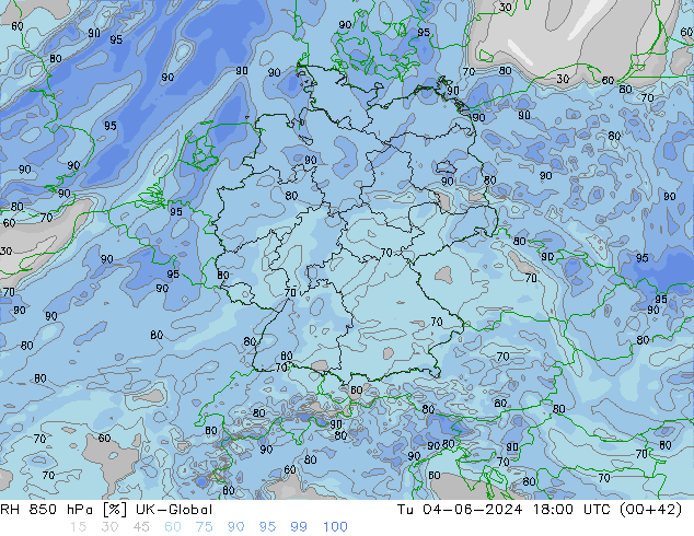 Humedad rel. 850hPa UK-Global mar 04.06.2024 18 UTC