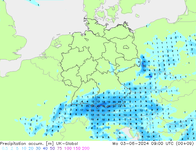 Precipitation accum. UK-Global Mo 03.06.2024 09 UTC