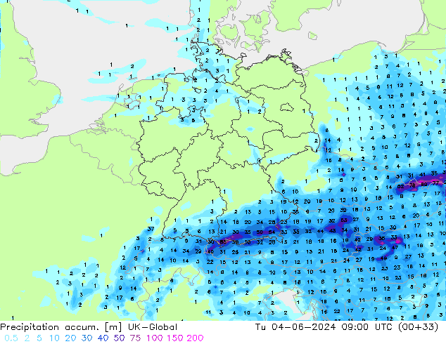 Precipitation accum. UK-Global Tu 04.06.2024 09 UTC