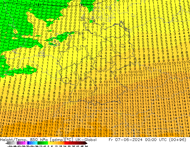 Height/Temp. 850 hPa UK-Global Fr 07.06.2024 00 UTC