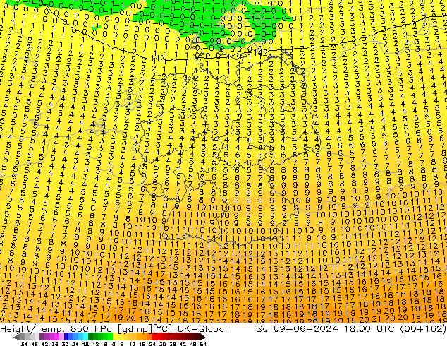 Height/Temp. 850 hPa UK-Global Su 09.06.2024 18 UTC