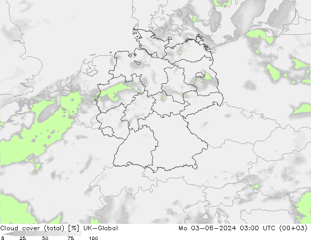 Cloud cover (total) UK-Global Po 03.06.2024 03 UTC