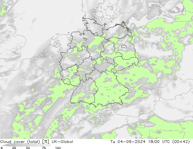 Cloud cover (total) UK-Global Tu 04.06.2024 18 UTC