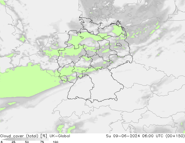 Bewolking (Totaal) UK-Global zo 09.06.2024 06 UTC