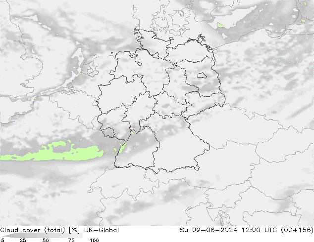 Cloud cover (total) UK-Global Ne 09.06.2024 12 UTC