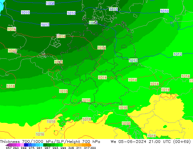 Thck 700-1000 hPa UK-Global śro. 05.06.2024 21 UTC