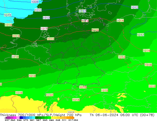 Thck 700-1000 hPa UK-Global Th 06.06.2024 06 UTC