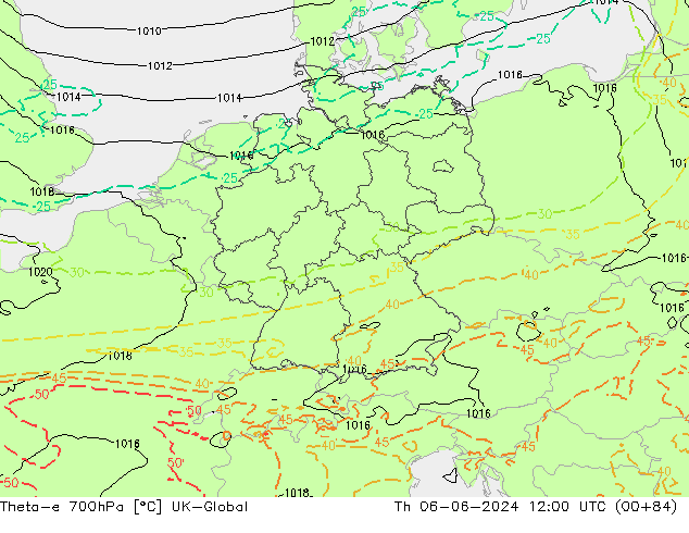 Theta-e 700hPa UK-Global Čt 06.06.2024 12 UTC