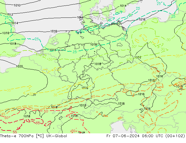 Theta-e 700hPa UK-Global Fr 07.06.2024 06 UTC