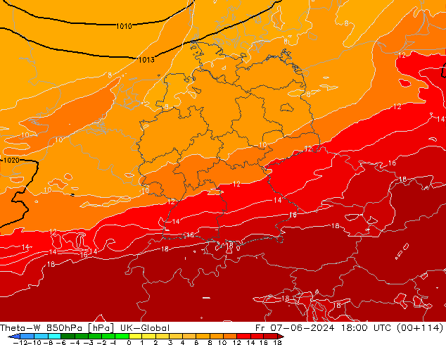 Theta-W 850hPa UK-Global Fr 07.06.2024 18 UTC