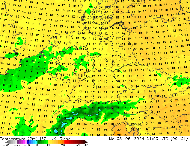 Temperature (2m) UK-Global Mo 03.06.2024 01 UTC