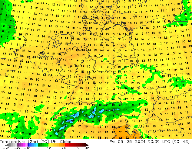 Temperatuurkaart (2m) UK-Global wo 05.06.2024 00 UTC