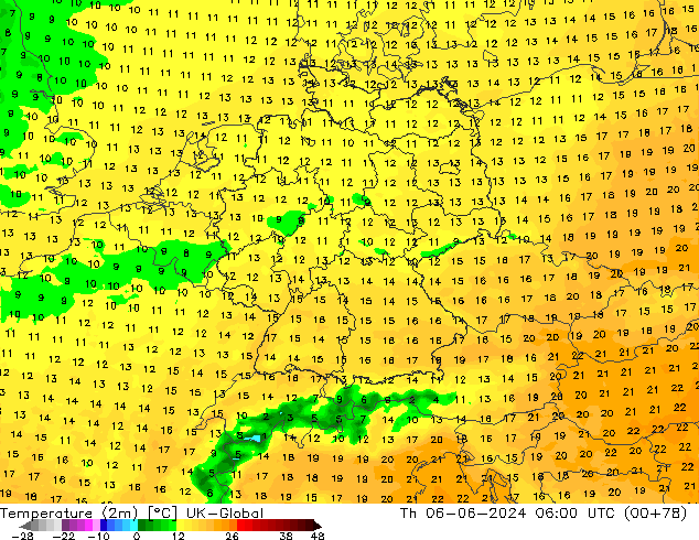 Temperature (2m) UK-Global Th 06.06.2024 06 UTC