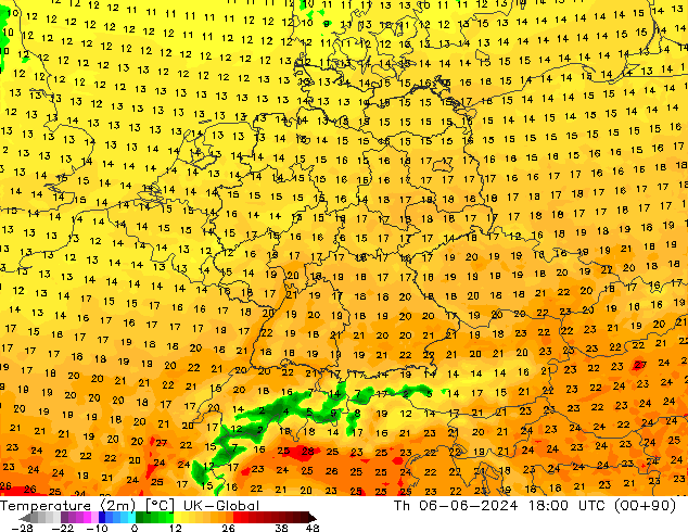 Temperaturkarte (2m) UK-Global Do 06.06.2024 18 UTC