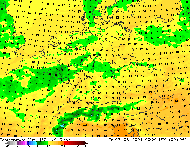 Temperature (2m) UK-Global Fr 07.06.2024 00 UTC