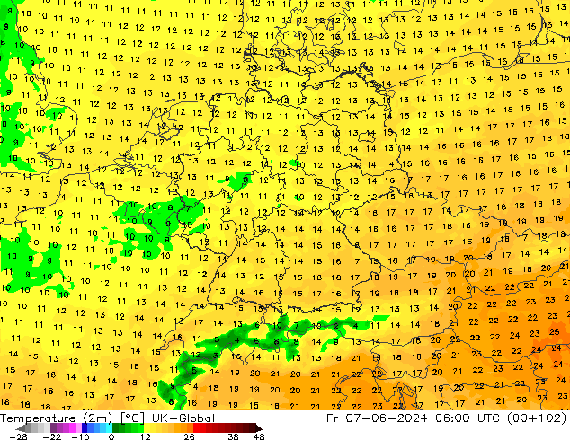 Sıcaklık Haritası (2m) UK-Global Cu 07.06.2024 06 UTC