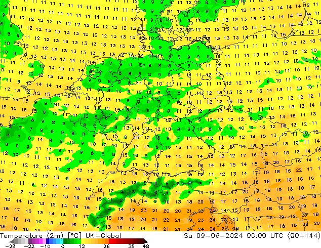 Temperature (2m) UK-Global Ne 09.06.2024 00 UTC