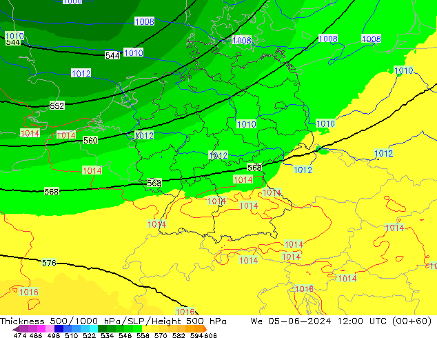 Dikte 500-1000hPa UK-Global wo 05.06.2024 12 UTC