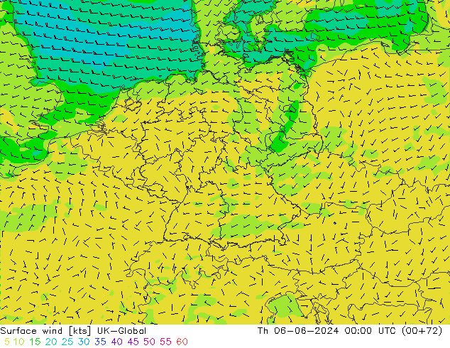 Viento 10 m UK-Global jue 06.06.2024 00 UTC