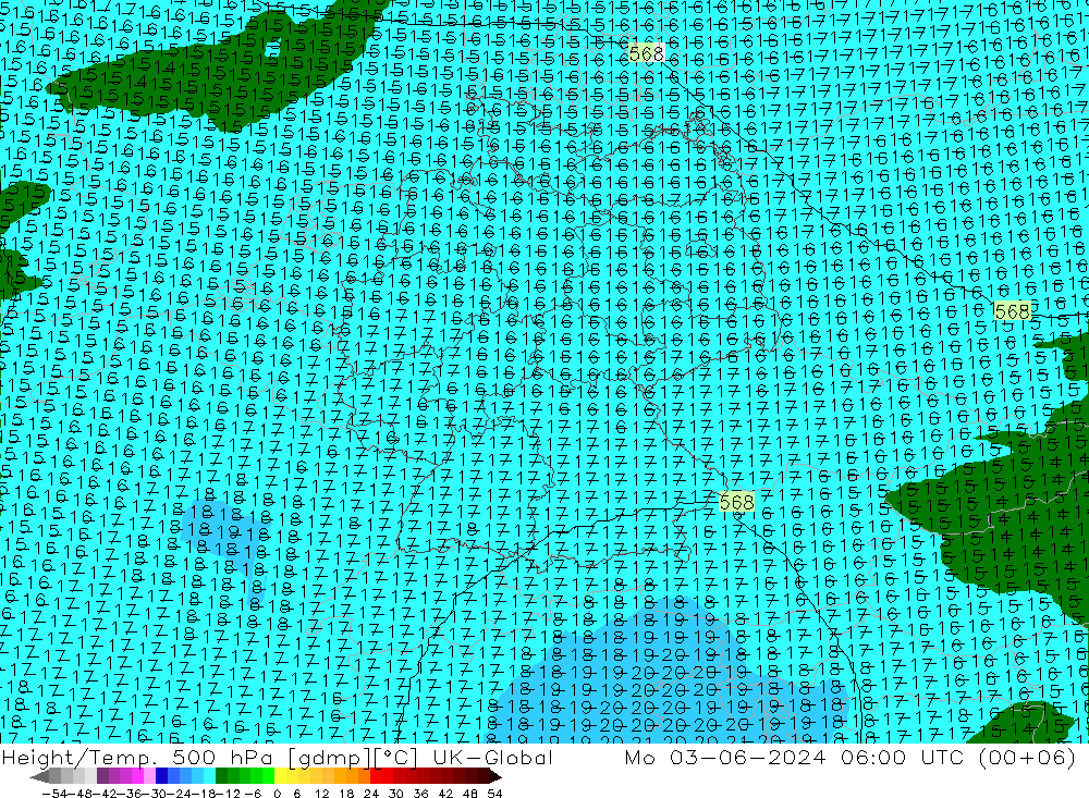 Height/Temp. 500 hPa UK-Global 星期一 03.06.2024 06 UTC