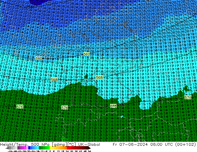 Height/Temp. 500 hPa UK-Global ven 07.06.2024 06 UTC