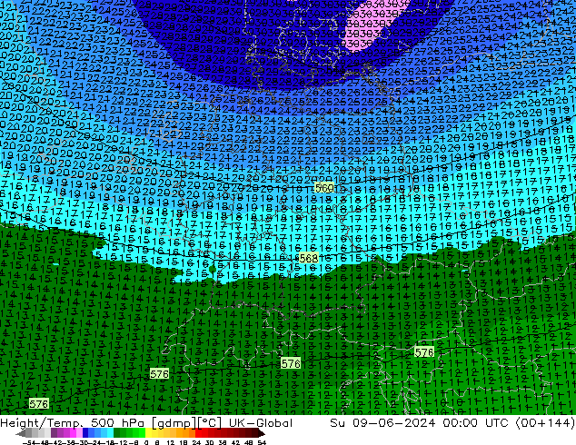 Yükseklik/Sıc. 500 hPa UK-Global Paz 09.06.2024 00 UTC
