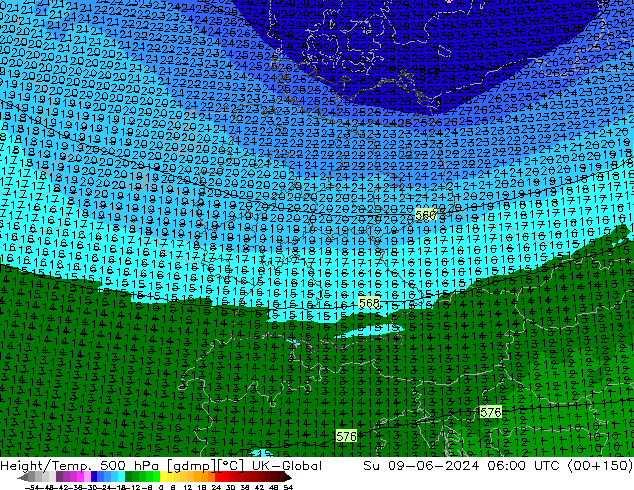 Géop./Temp. 500 hPa UK-Global dim 09.06.2024 06 UTC