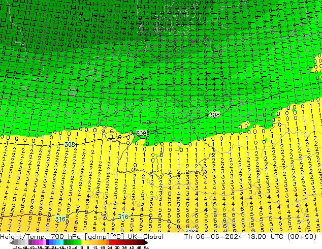 Height/Temp. 700 гПа UK-Global чт 06.06.2024 18 UTC