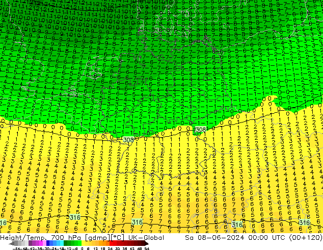 Height/Temp. 700 hPa UK-Global  08.06.2024 00 UTC