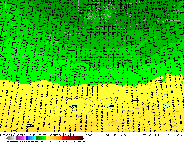 Geop./Temp. 700 hPa UK-Global dom 09.06.2024 06 UTC