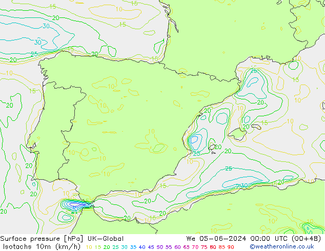 Isotachen (km/h) UK-Global wo 05.06.2024 00 UTC