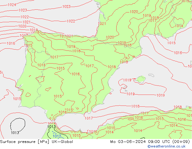 Atmosférický tlak UK-Global Po 03.06.2024 09 UTC