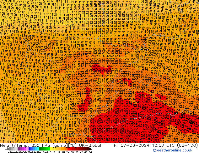 Geop./Temp. 850 hPa UK-Global vie 07.06.2024 12 UTC