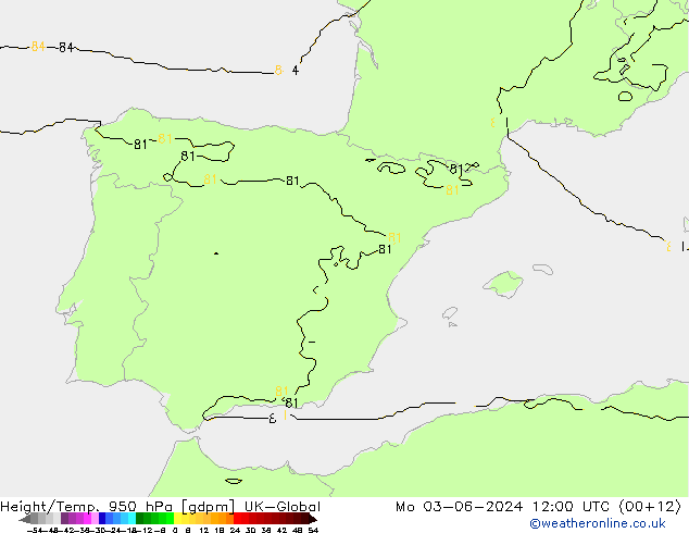 Hoogte/Temp. 950 hPa UK-Global ma 03.06.2024 12 UTC