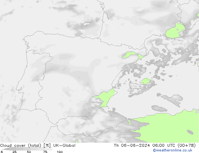 Cloud cover (total) UK-Global Th 06.06.2024 06 UTC