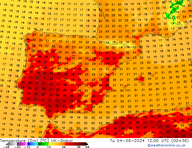Temperatuurkaart (2m) UK-Global di 04.06.2024 12 UTC
