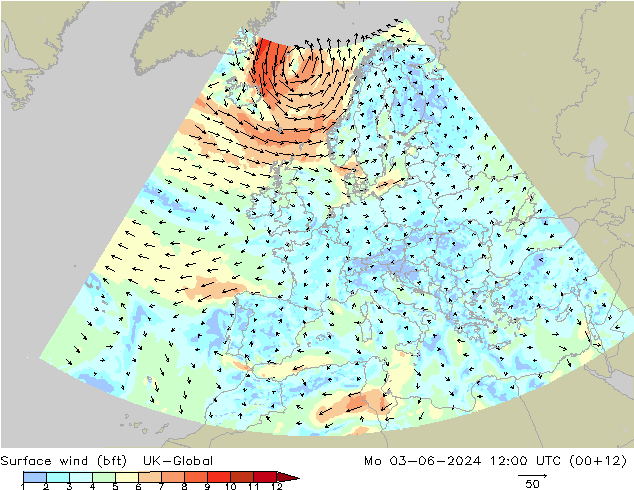 Surface wind (bft) UK-Global Mo 03.06.2024 12 UTC