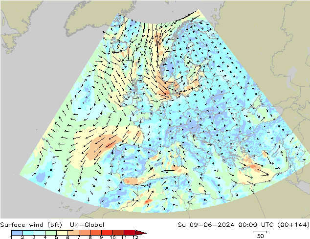 Surface wind (bft) UK-Global Su 09.06.2024 00 UTC