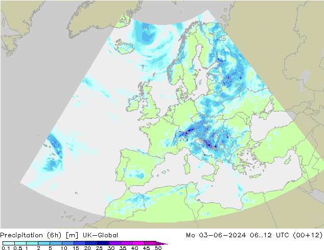 Totale neerslag (6h) UK-Global ma 03.06.2024 12 UTC