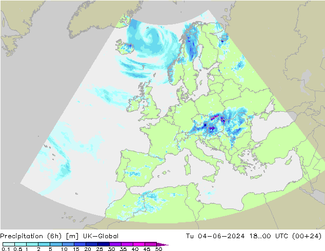 Precipitation (6h) UK-Global Út 04.06.2024 00 UTC