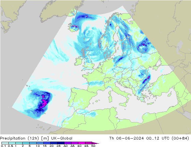 Precipitation (12h) UK-Global Čt 06.06.2024 12 UTC