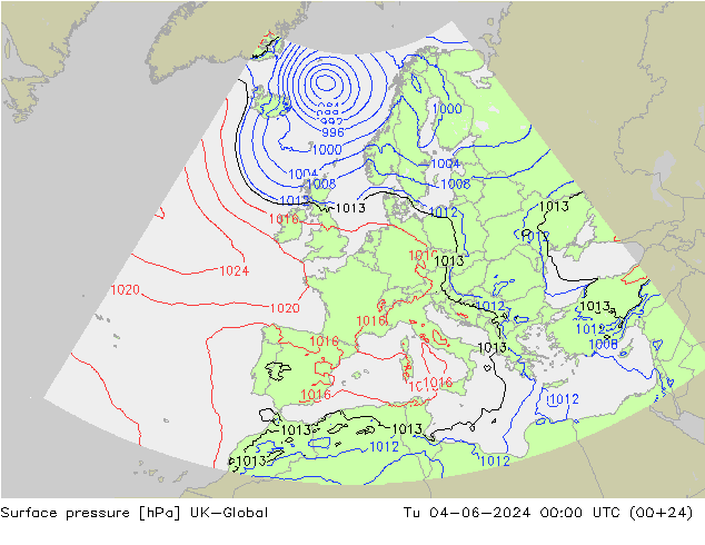 地面气压 UK-Global 星期二 04.06.2024 00 UTC