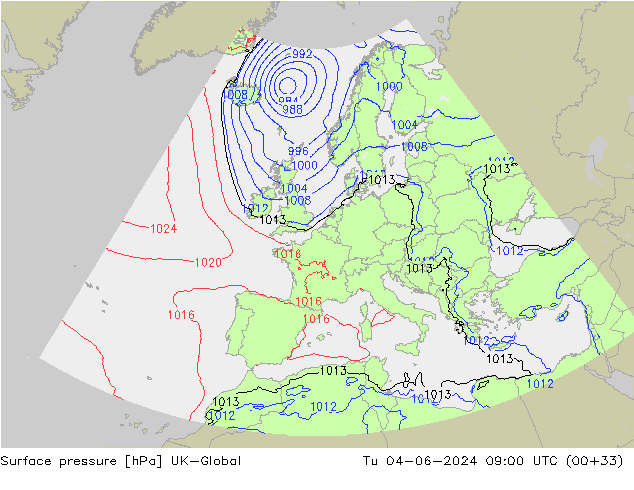 Presión superficial UK-Global mar 04.06.2024 09 UTC